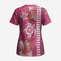 Pink Hibiscus Turle Scrub Top Hawaiian Style Tribal Tapa Pattern - Polynesian Pride