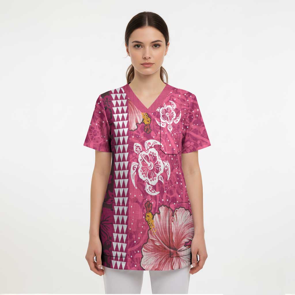 Pink Hibiscus Turle Scrub Top Hawaiian Style Tribal Tapa Pattern - Polynesian Pride