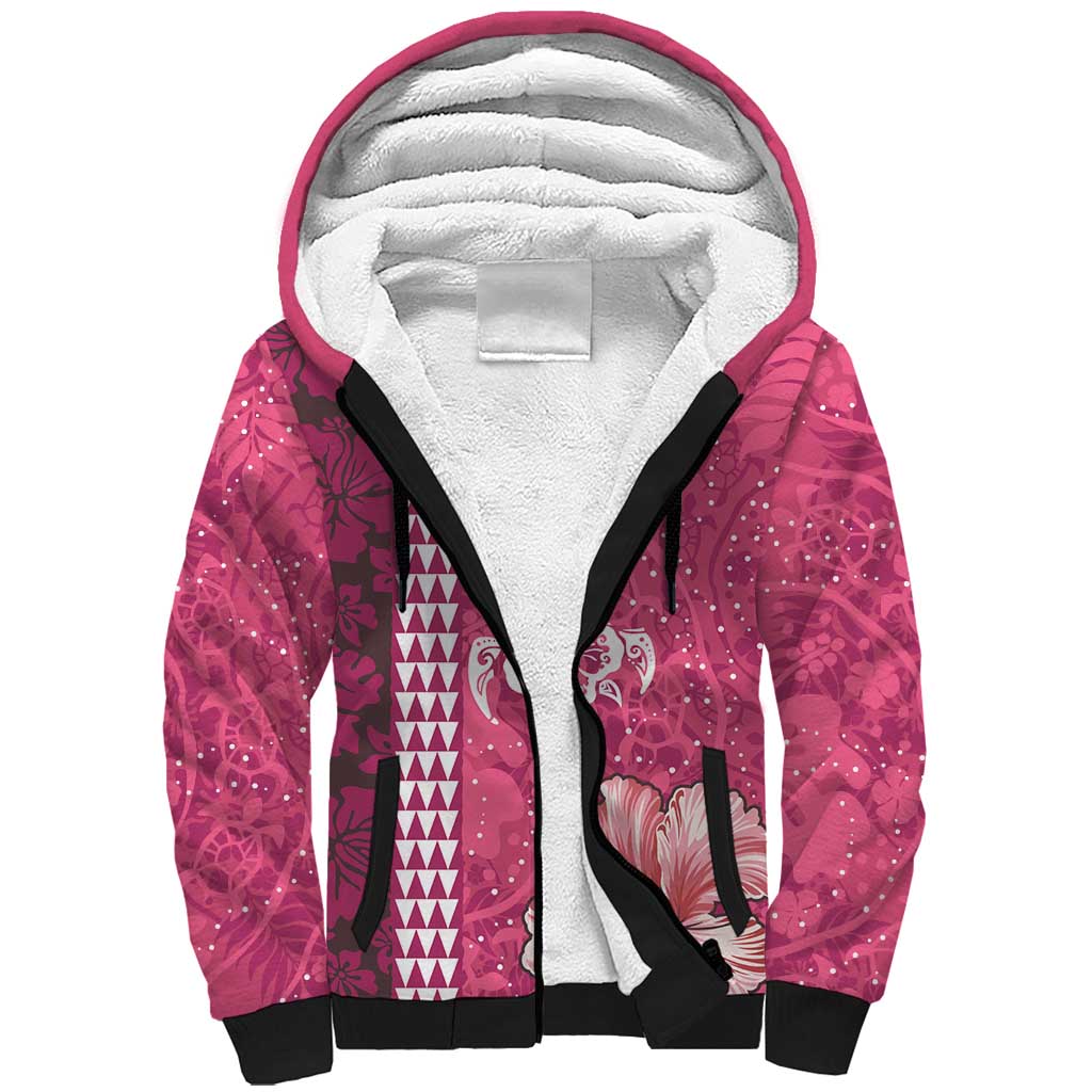 Pink Hibiscus Turle Sherpa Hoodie Hawaiian Style Tribal Tapa Pattern LT9 Unisex Pink - Polynesian Pride