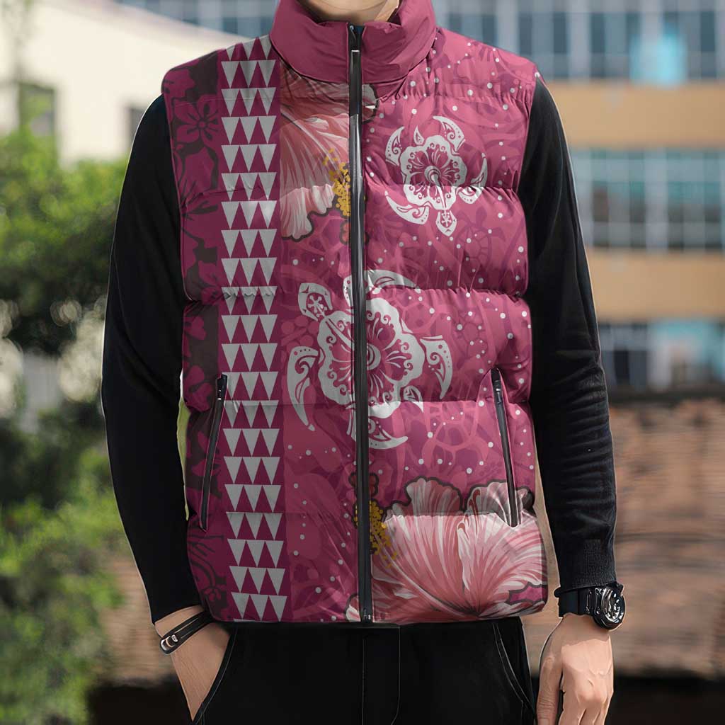 Pink Hibiscus Turle Sleeveless Puffer Jacket Hawaiian Style Tribal Tapa Pattern - Polynesian Pride