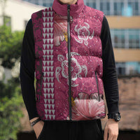 Pink Hibiscus Turle Sleeveless Puffer Jacket Hawaiian Style Tribal Tapa Pattern - Polynesian Pride
