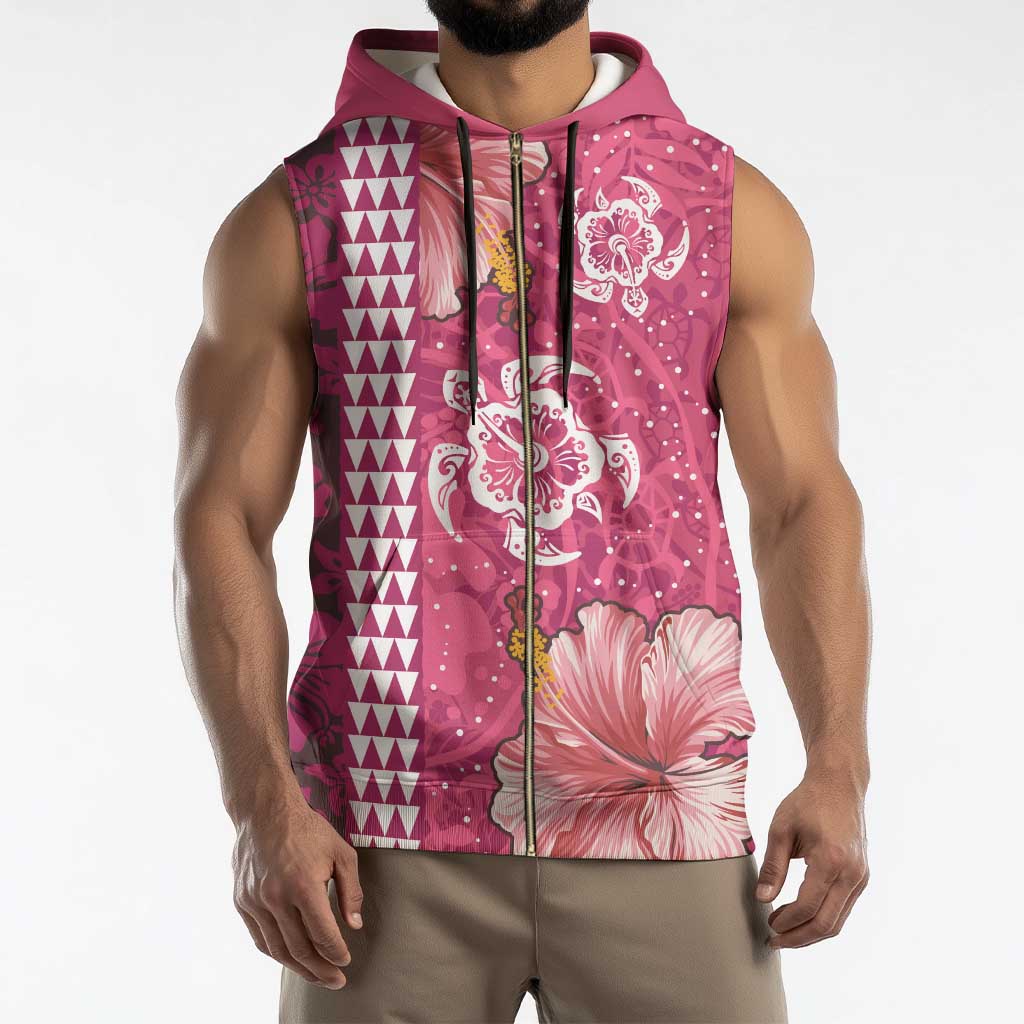 Pink Hibiscus Turle Sleeveless Zip Hoodie Hawaiian Style Tribal Tapa Pattern - Polynesian Pride