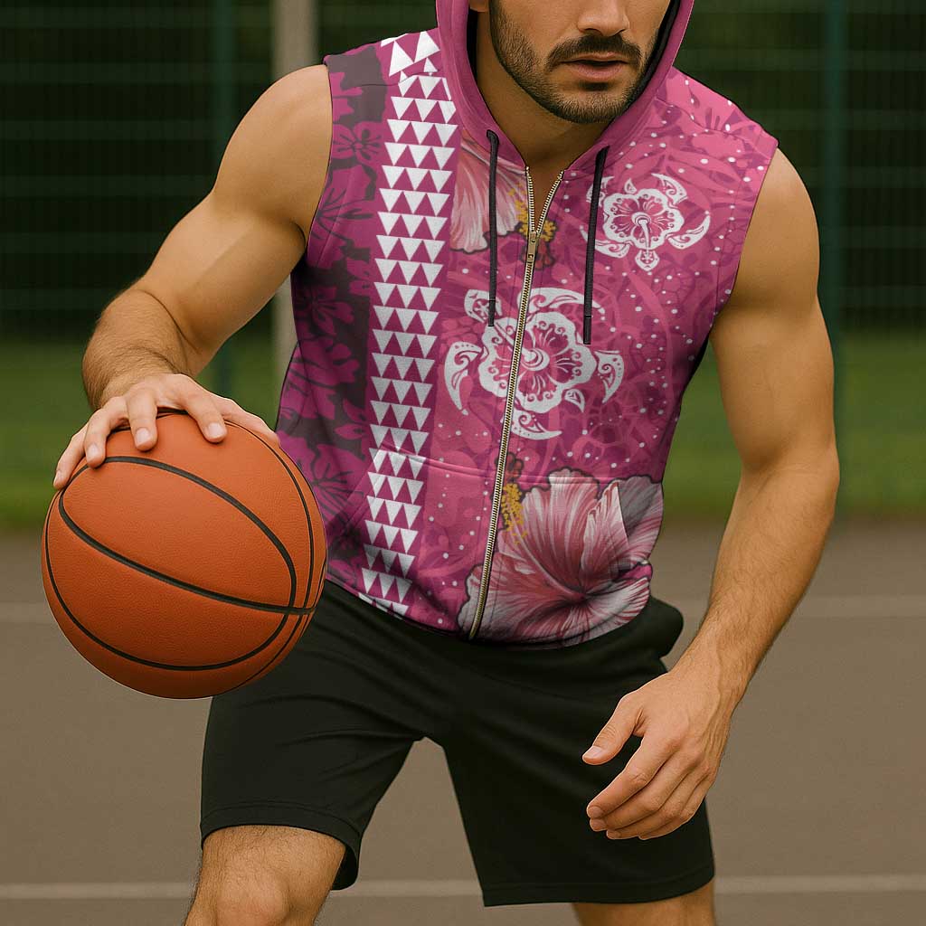 Pink Hibiscus Turle Sleeveless Zip Hoodie Hawaiian Style Tribal Tapa Pattern - Polynesian Pride