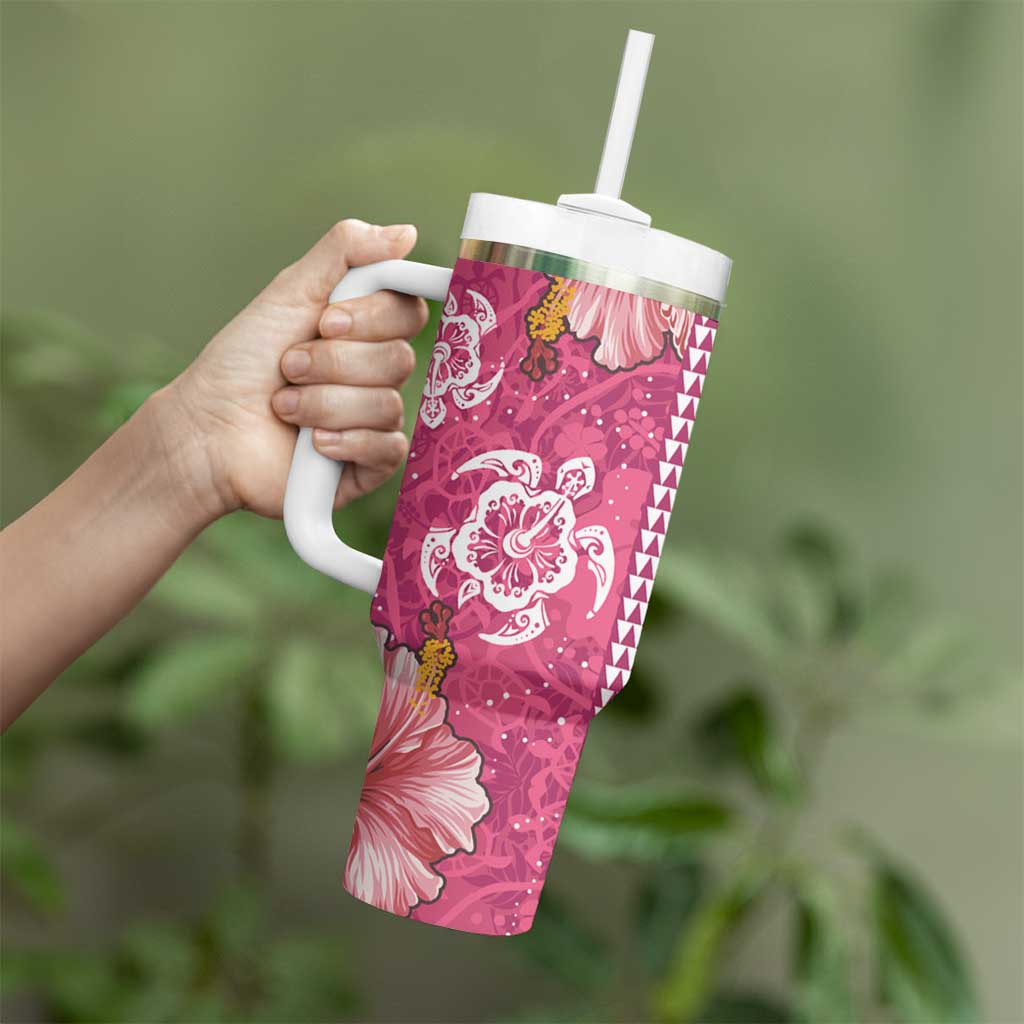 Pink Hibiscus Turle Tumbler With Handle Hawaiian Style Tribal Tapa Pattern