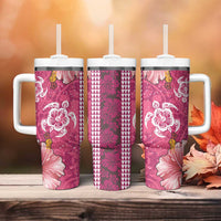 Pink Hibiscus Turle Tumbler With Handle Hawaiian Style Tribal Tapa Pattern
