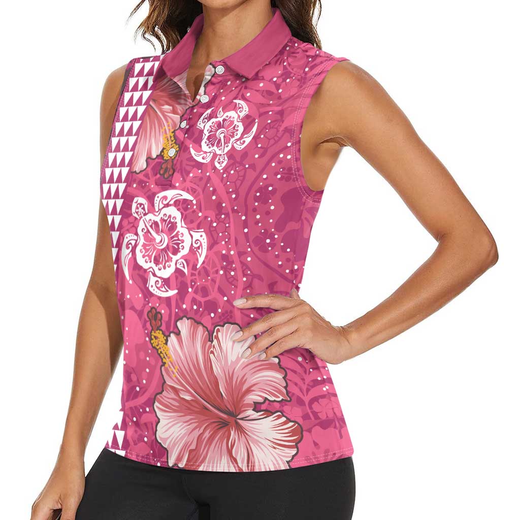 Pink Hibiscus Turle Women Sleeveless Polo Shirt Hawaiian Style Tribal Tapa Pattern