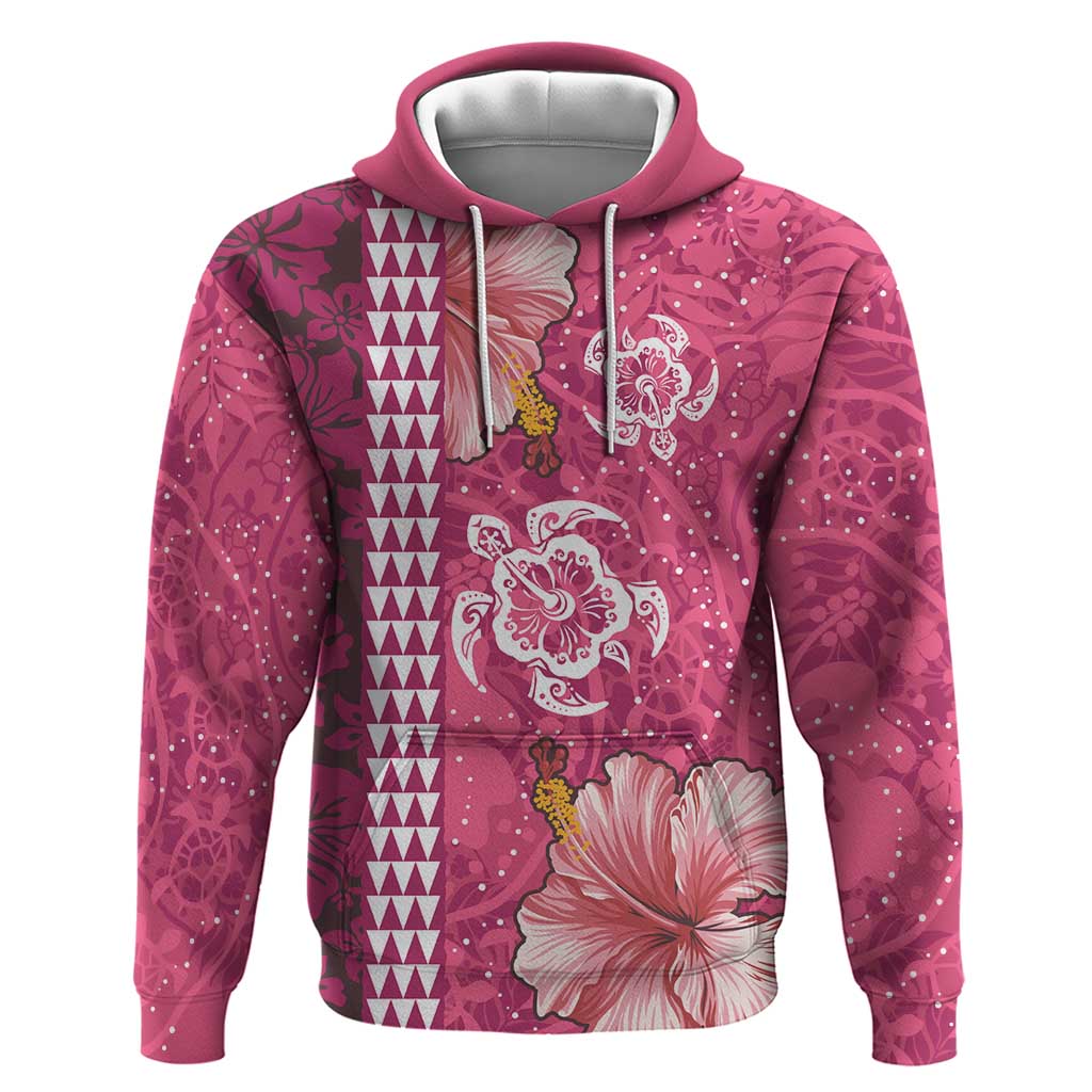 Pink Hibiscus Turle Zip Hoodie Hawaiian Style Tribal Tapa Pattern