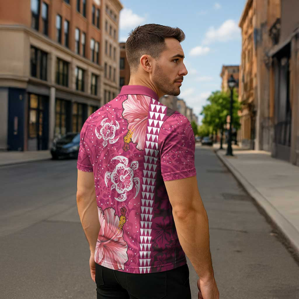 Pink Hibiscus Turle Zipper Polo Shirt Hawaiian Style Tribal Tapa Pattern - Polynesian Pride