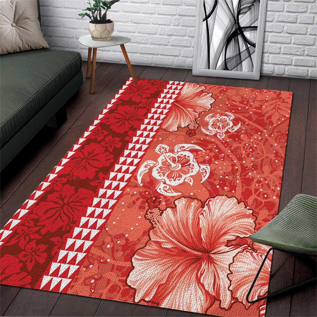 Red Hibiscus Turle Area Rug Hawaiian Style Tribal Tapa Pattern