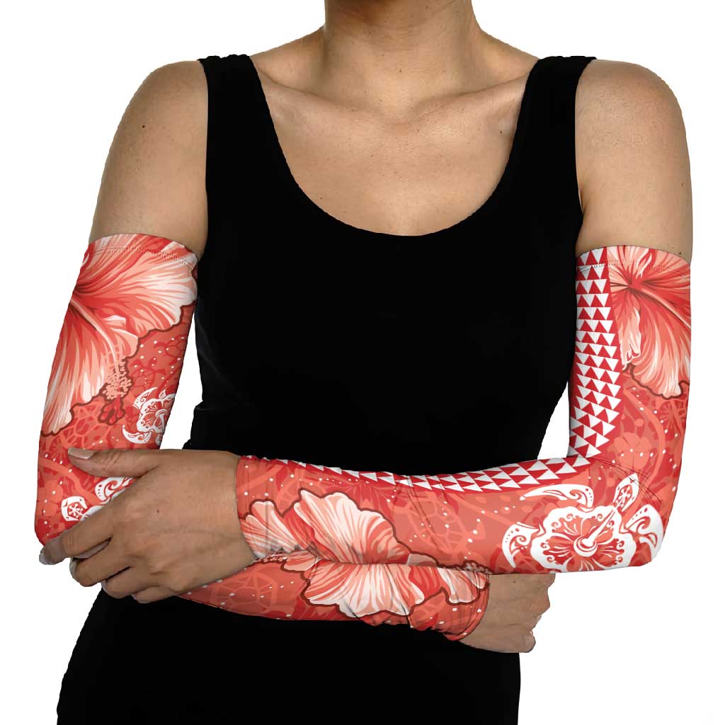 Red Hibiscus Turle Arm Sleeves Hawaiian Style Tribal Tapa Pattern - Polynesian Pride