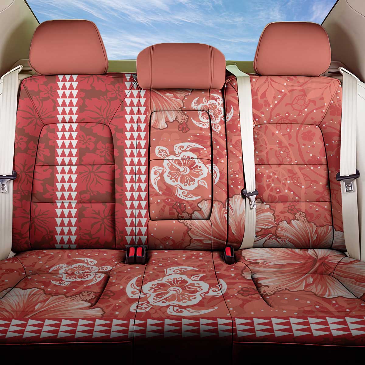 Red Hibiscus Turle Back Car Seat Cover Hawaiian Style Tribal Tapa Pattern