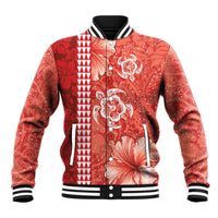 Red Hibiscus Turle Baseball Jacket Hawaiian Style Tribal Tapa Pattern