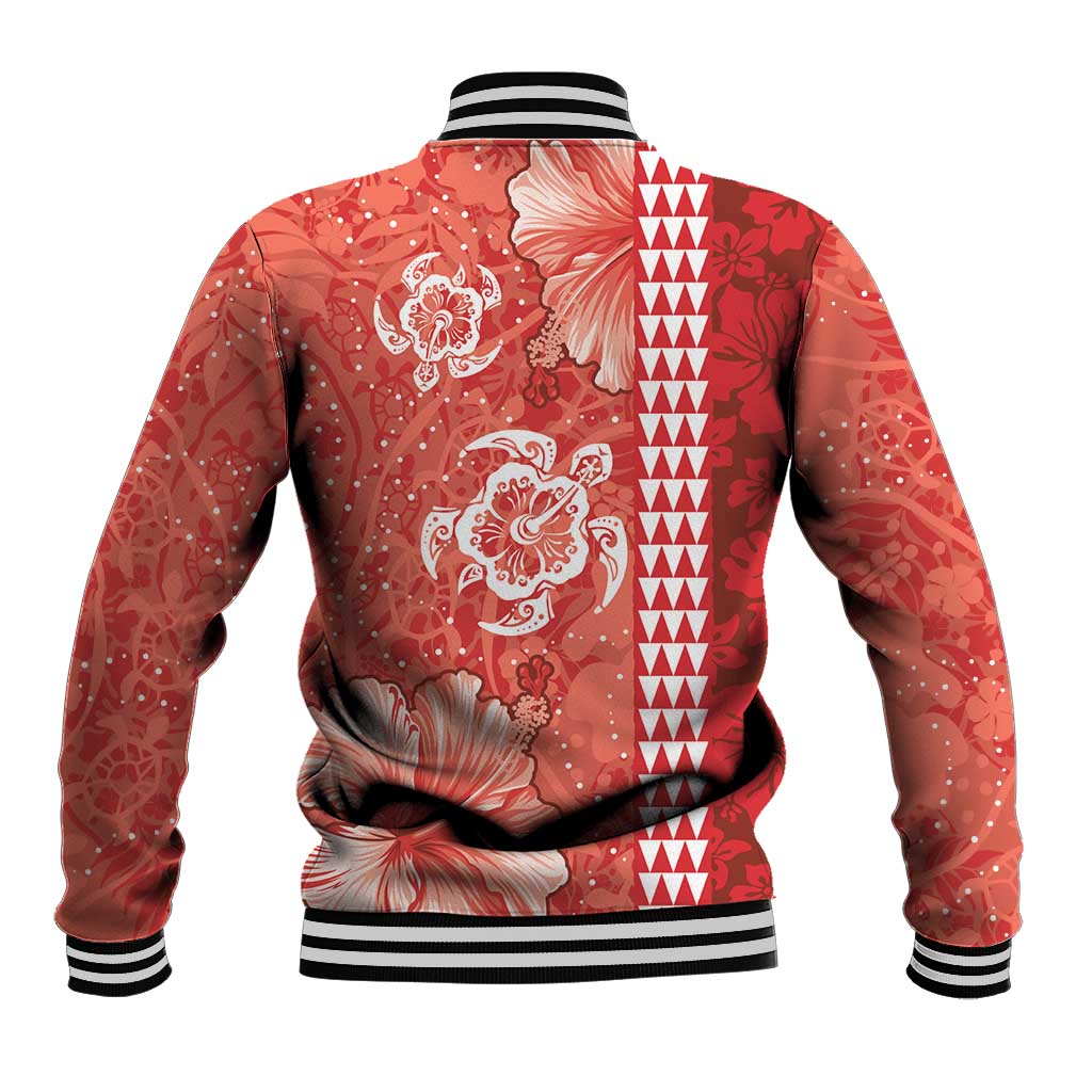 Red Hibiscus Turle Baseball Jacket Hawaiian Style Tribal Tapa Pattern
