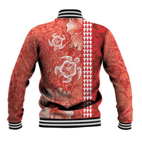 Red Hibiscus Turle Baseball Jacket Hawaiian Style Tribal Tapa Pattern