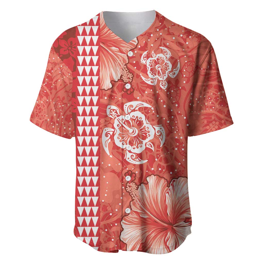 Red Hibiscus Turle Baseball Jersey Hawaiian Style Tribal Tapa Pattern