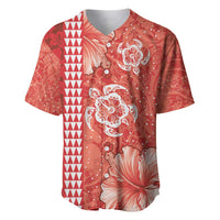 Red Hibiscus Turle Baseball Jersey Hawaiian Style Tribal Tapa Pattern
