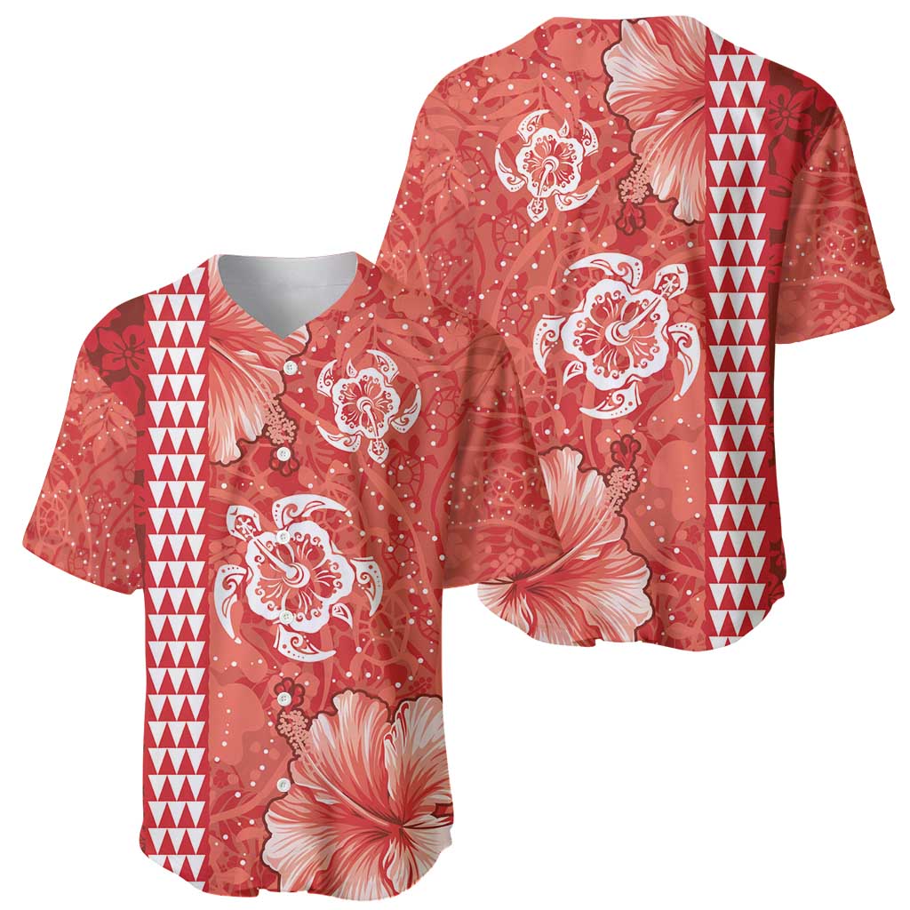 Red Hibiscus Turle Baseball Jersey Hawaiian Style Tribal Tapa Pattern