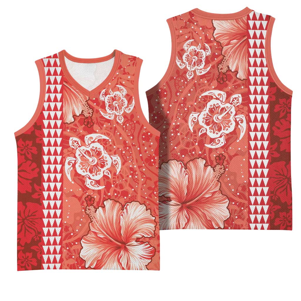 Red Hibiscus Turle Basketball Jersey Hawaiian Style Tribal Tapa Pattern - Polynesian Pride