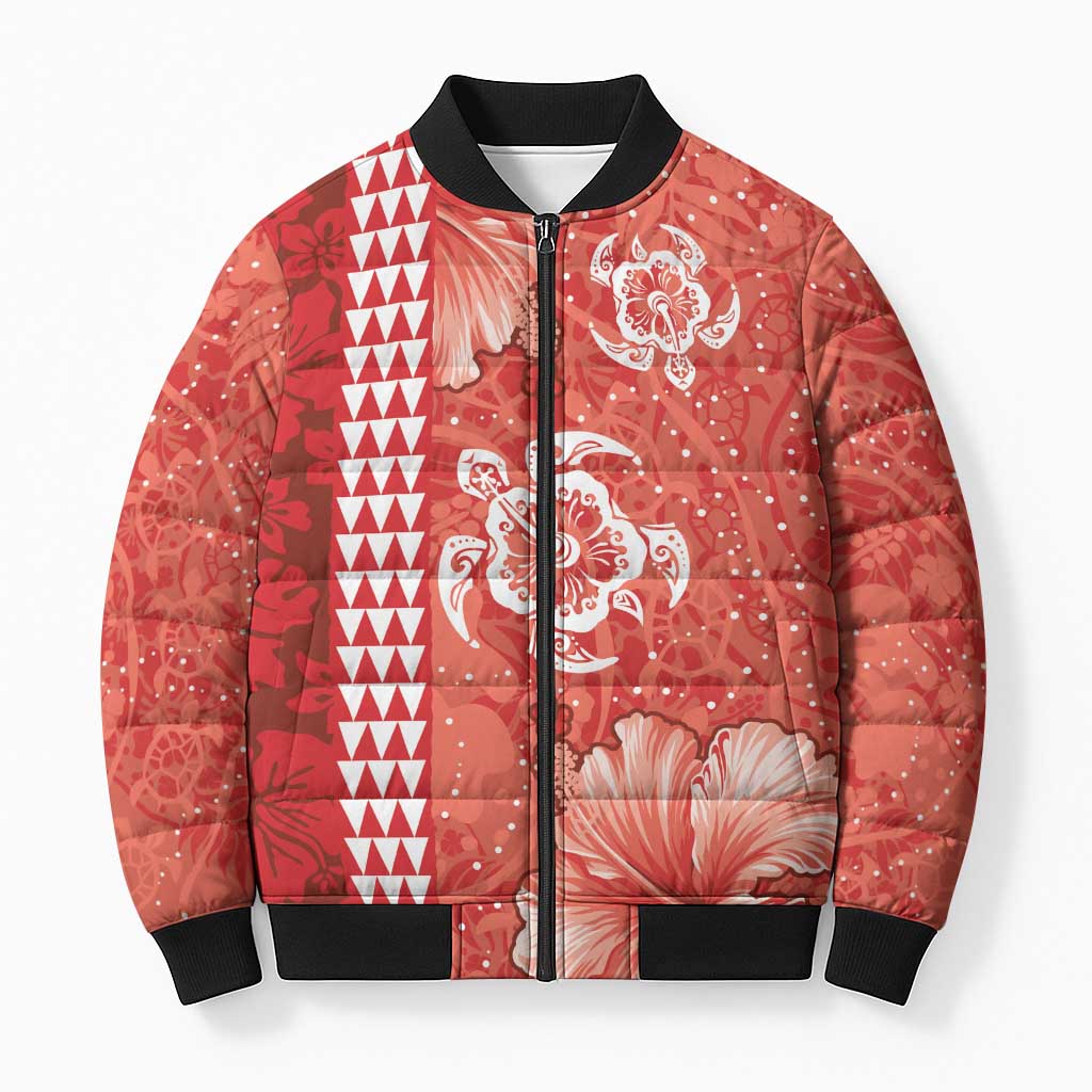 Red Hibiscus Turle Bomber Puffer Jacket Hawaiian Style Tribal Tapa Pattern - Polynesian Pride