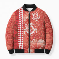Red Hibiscus Turle Bomber Puffer Jacket Hawaiian Style Tribal Tapa Pattern - Polynesian Pride