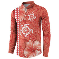 Red Hibiscus Turle Button Sweatshirt Hawaiian Style Tribal Tapa Pattern