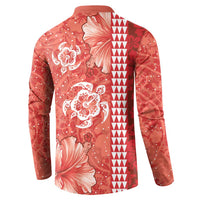 Red Hibiscus Turle Button Sweatshirt Hawaiian Style Tribal Tapa Pattern