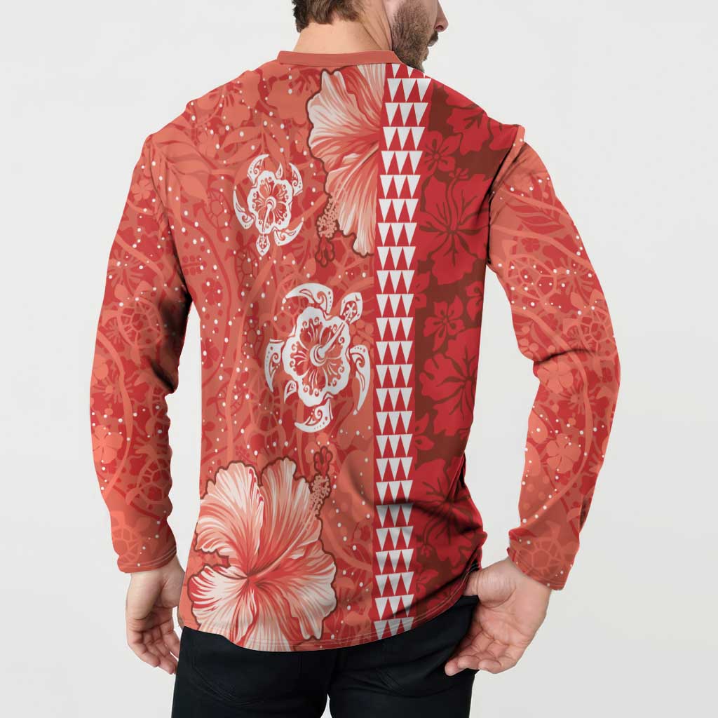 Red Hibiscus Turle Button Sweatshirt Hawaiian Style Tribal Tapa Pattern