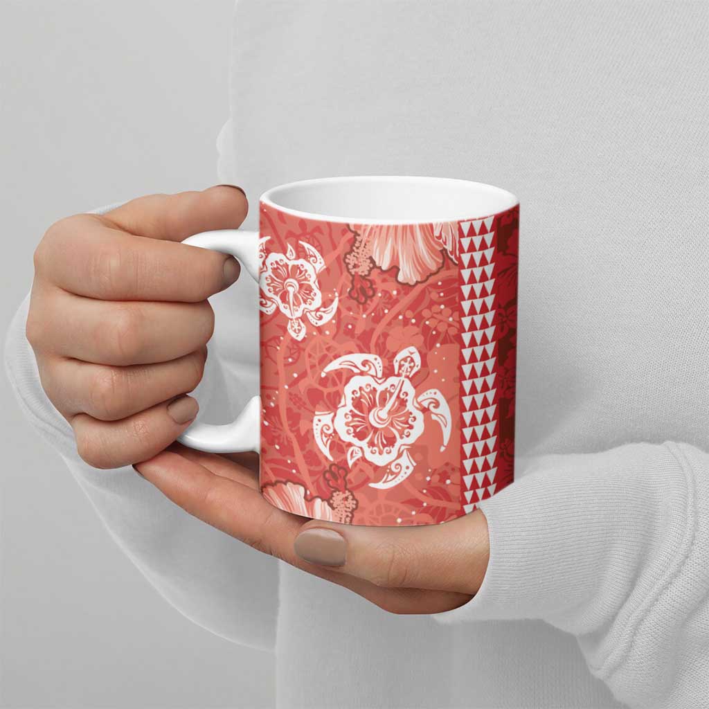 Red Hibiscus Turle Ceramic Mug Hawaiian Style Tribal Tapa Pattern - Polynesian Pride