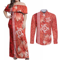 Red Hibiscus Turle Couples Matching Off Shoulder Maxi Dress and Long Sleeve Button Shirt Hawaiian Style Tribal Tapa Pattern LT9 Red - Polynesian Pride