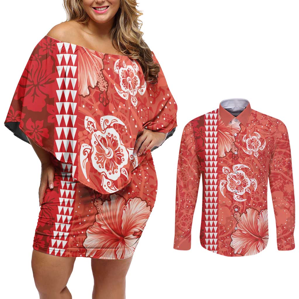 Red Hibiscus Turle Couples Matching Off Shoulder Short Dress and Long Sleeve Button Shirt Hawaiian Style Tribal Tapa Pattern LT9 Red - Polynesian Pride