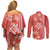Red Hibiscus Turle Couples Matching Off Shoulder Short Dress and Long Sleeve Button Shirt Hawaiian Style Tribal Tapa Pattern