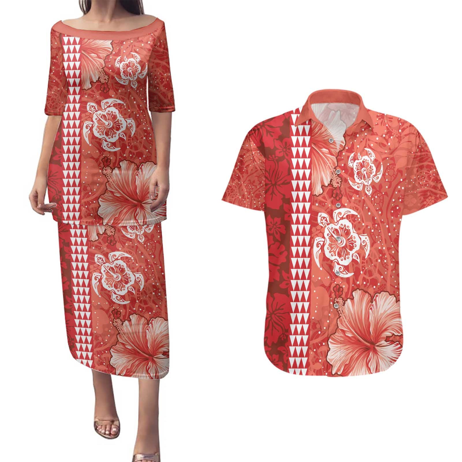 Red Hibiscus Turle Couples Matching Puletasi and Hawaiian Shirt Hawaiian Style Tribal Tapa Pattern LT9 Red - Polynesian Pride