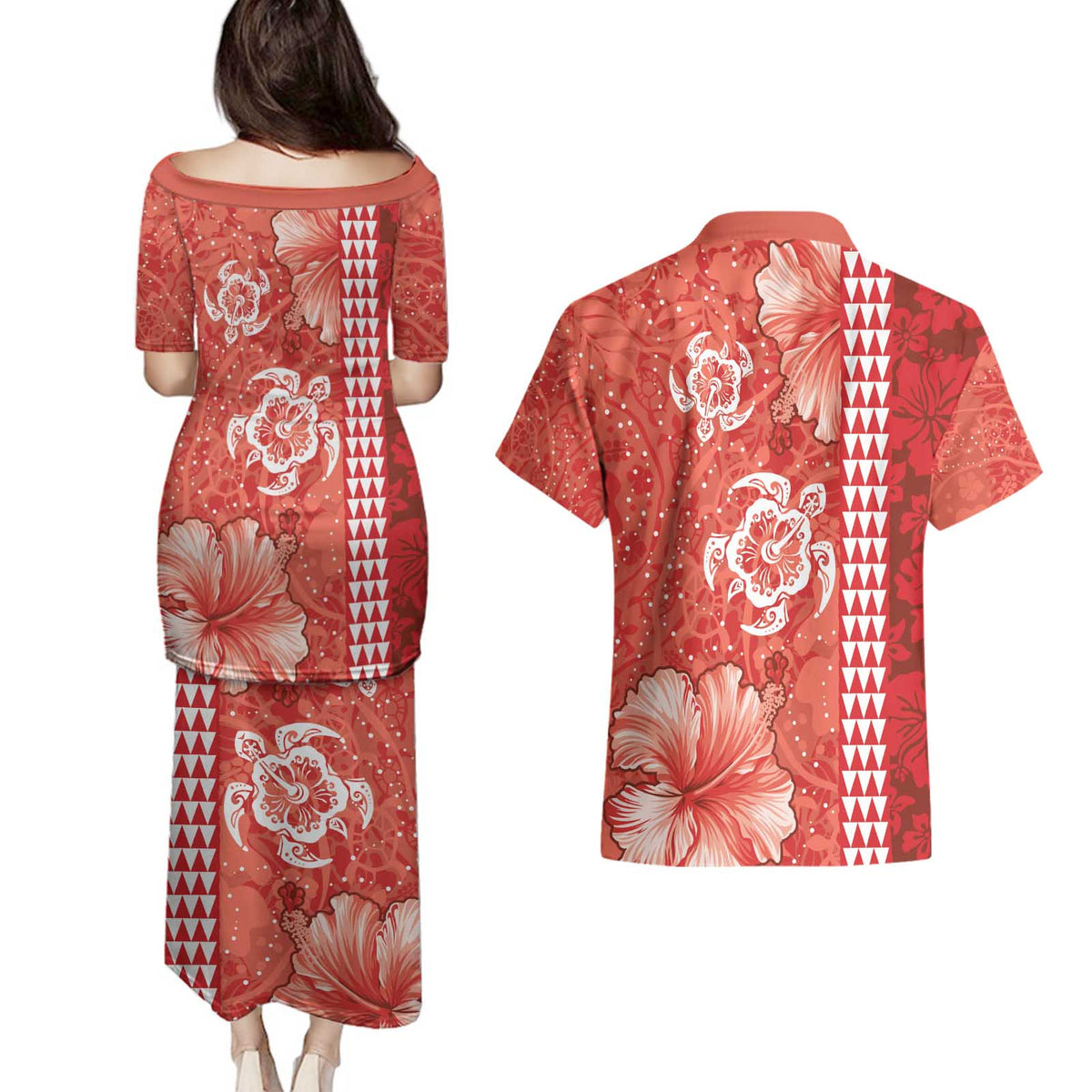 Red Hibiscus Turle Couples Matching Puletasi and Hawaiian Shirt Hawaiian Style Tribal Tapa Pattern