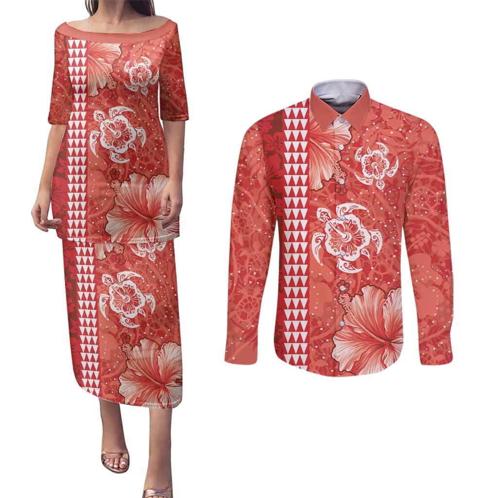 Red Hibiscus Turle Couples Matching Puletasi and Long Sleeve Button Shirt Hawaiian Style Tribal Tapa Pattern LT9 Red - Polynesian Pride