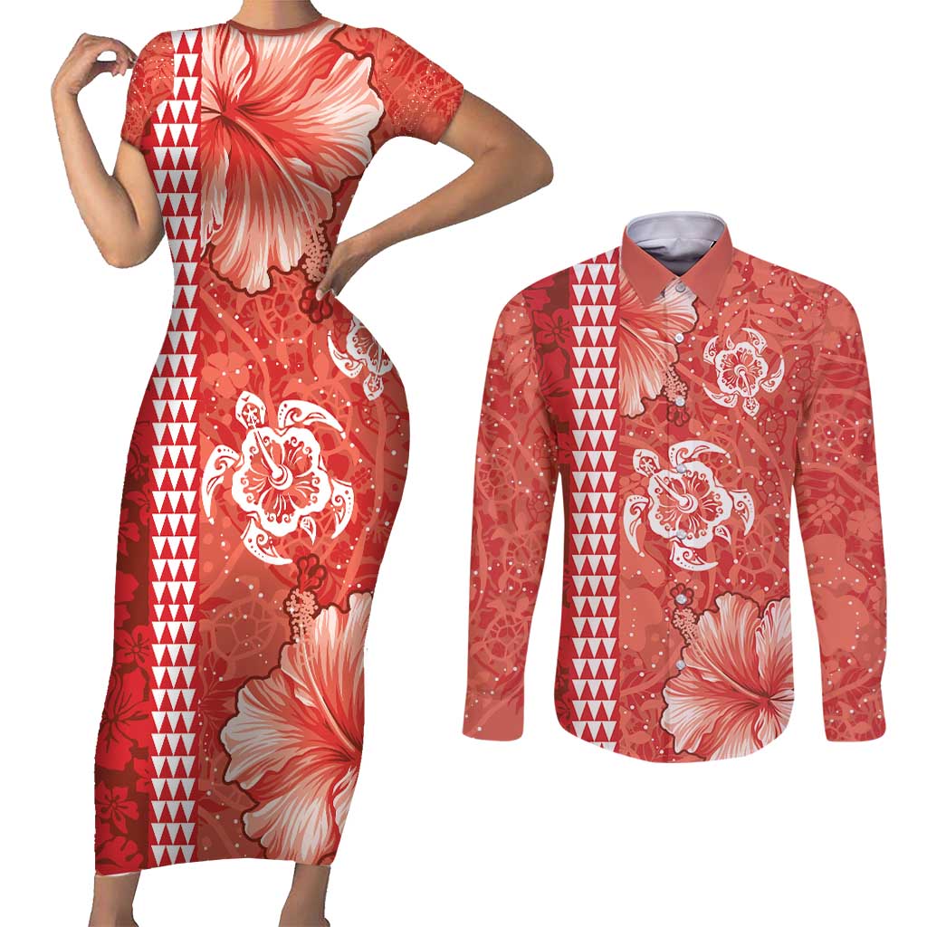 Red Hibiscus Turle Couples Matching Short Sleeve Bodycon Dress and Long Sleeve Button Shirt Hawaiian Style Tribal Tapa Pattern LT9 Red - Polynesian Pride