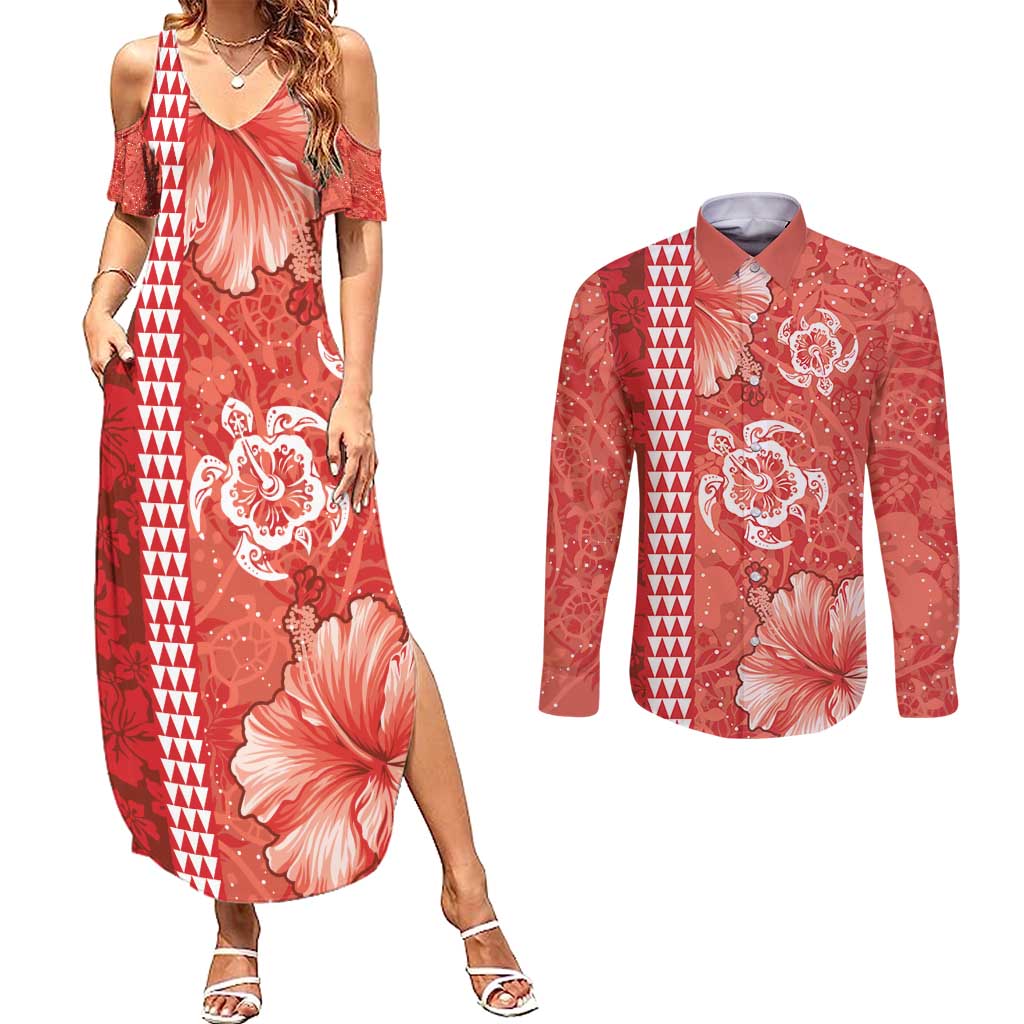 Red Hibiscus Turle Couples Matching Summer Maxi Dress and Long Sleeve Button Shirt Hawaiian Style Tribal Tapa Pattern LT9 Red - Polynesian Pride