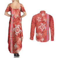 Red Hibiscus Turle Couples Matching Summer Maxi Dress and Long Sleeve Button Shirt Hawaiian Style Tribal Tapa Pattern LT9 - Polynesian Pride