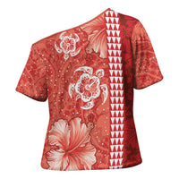 Red Hibiscus Turle Cross Shoulder Shirt Hawaiian Style Tribal Tapa Pattern - Polynesian Pride