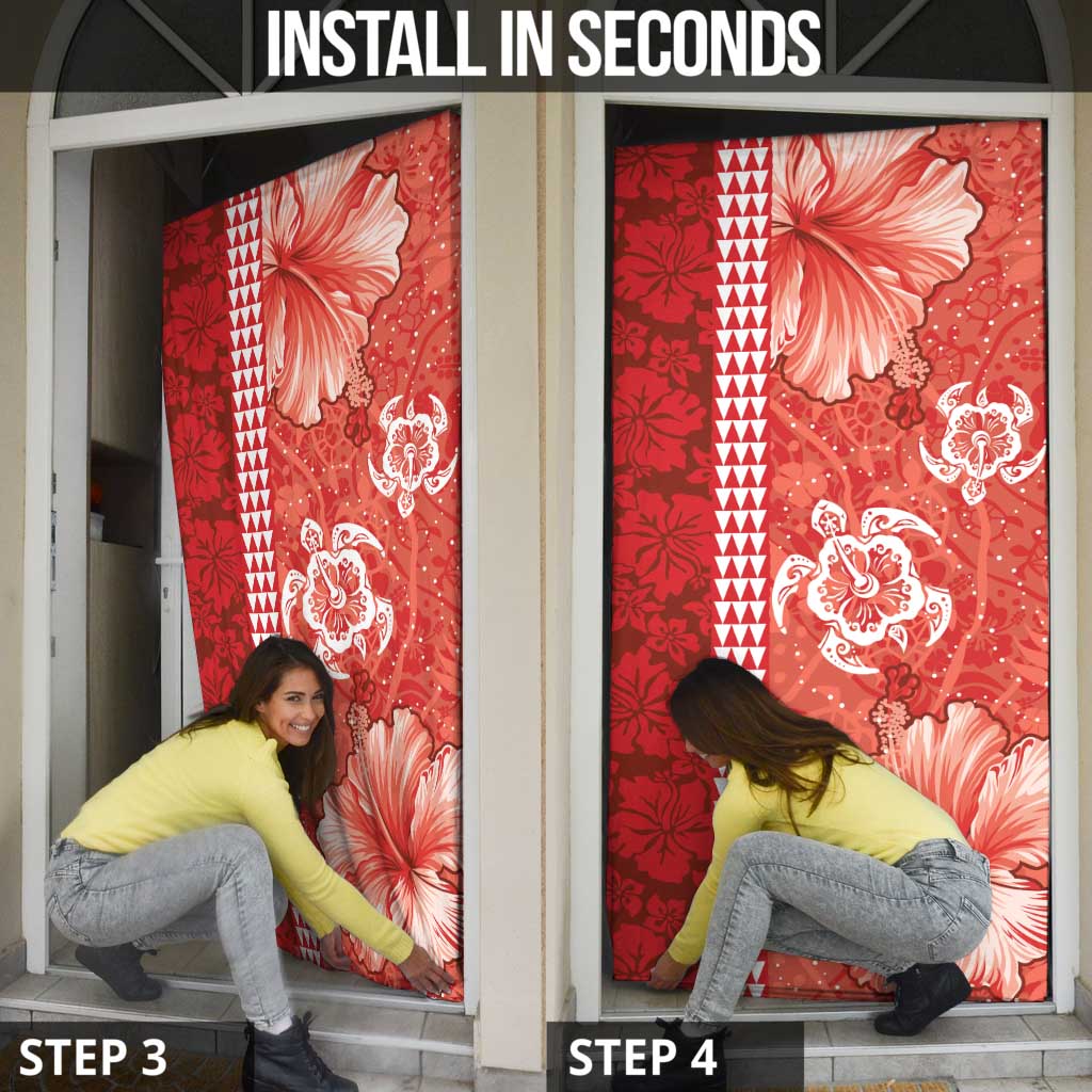 Red Hibiscus Turle Door Cover Hawaiian Style Tribal Tapa Pattern - Polynesian Pride