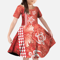 Red Hibiscus Turle Family Matching Long Sleeve Bodycon Dress and Hawaiian Shirt Hawaiian Style Tribal Tapa Pattern LT9 Daughter's Dress Red - Polynesian Pride