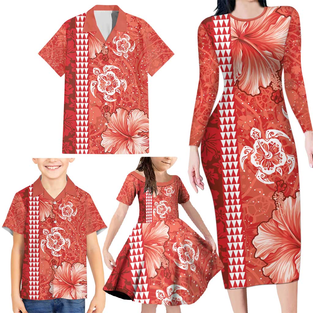 Red Hibiscus Turle Family Matching Long Sleeve Bodycon Dress and Hawaiian Shirt Hawaiian Style Tribal Tapa Pattern