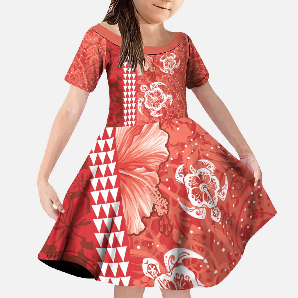 Red Hibiscus Turle Family Matching Mermaid Dress and Hawaiian Shirt Hawaiian Style Tribal Tapa Pattern LT9 Daughter's Dress Red - Polynesian Pride