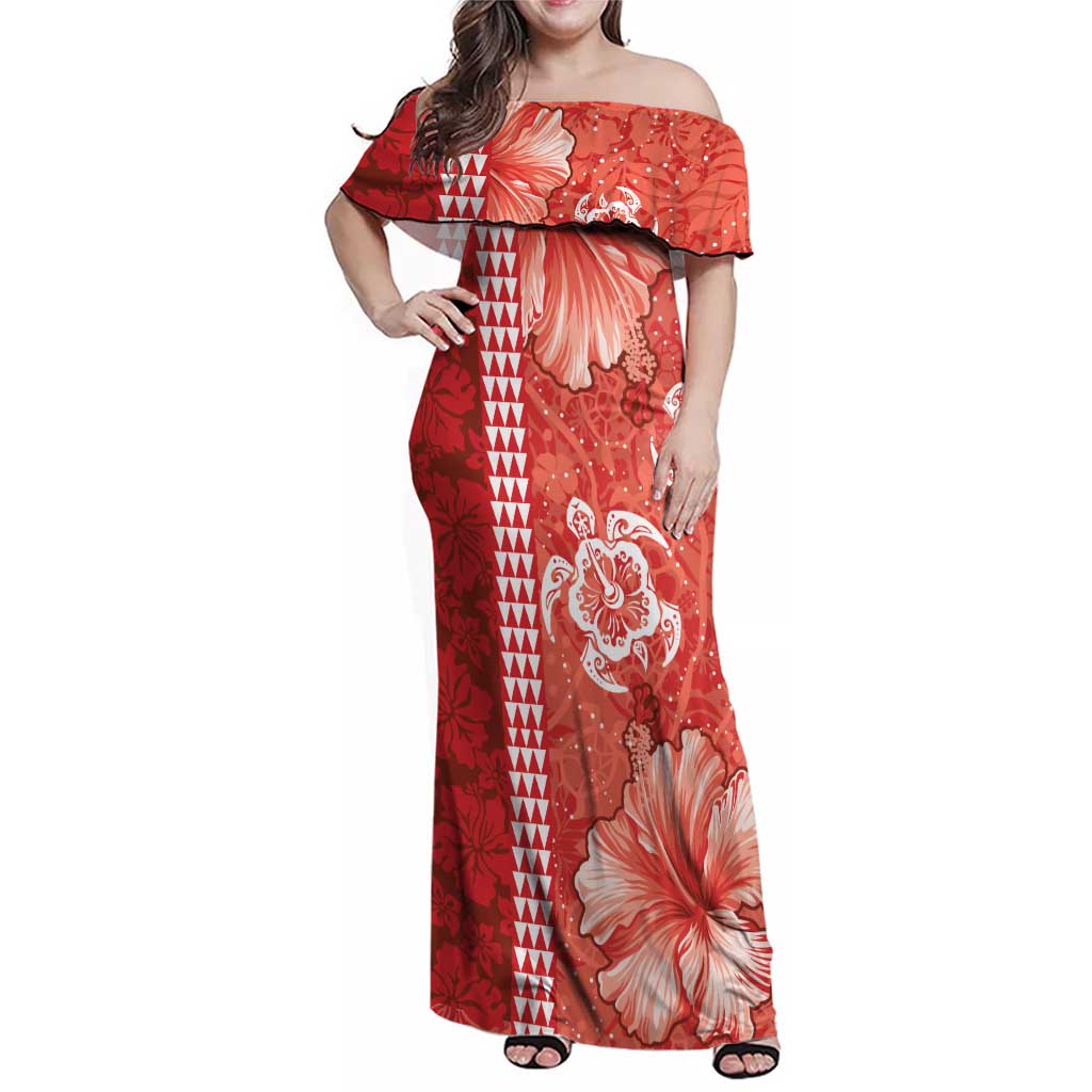 Red Hibiscus Turle Family Matching Off Shoulder Maxi Dress and Hawaiian Shirt Hawaiian Style Tribal Tapa Pattern