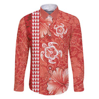 Red Hibiscus Turle Family Matching Off Shoulder Short Dress and Hawaiian Shirt Hawaiian Style Tribal Tapa Pattern LT9 Dad's Shirt - Long Sleeve Red - Polynesian Pride