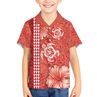 Red Hibiscus Turle Family Matching Off Shoulder Short Dress and Hawaiian Shirt Hawaiian Style Tribal Tapa Pattern LT9 Son's Shirt Red - Polynesian Pride