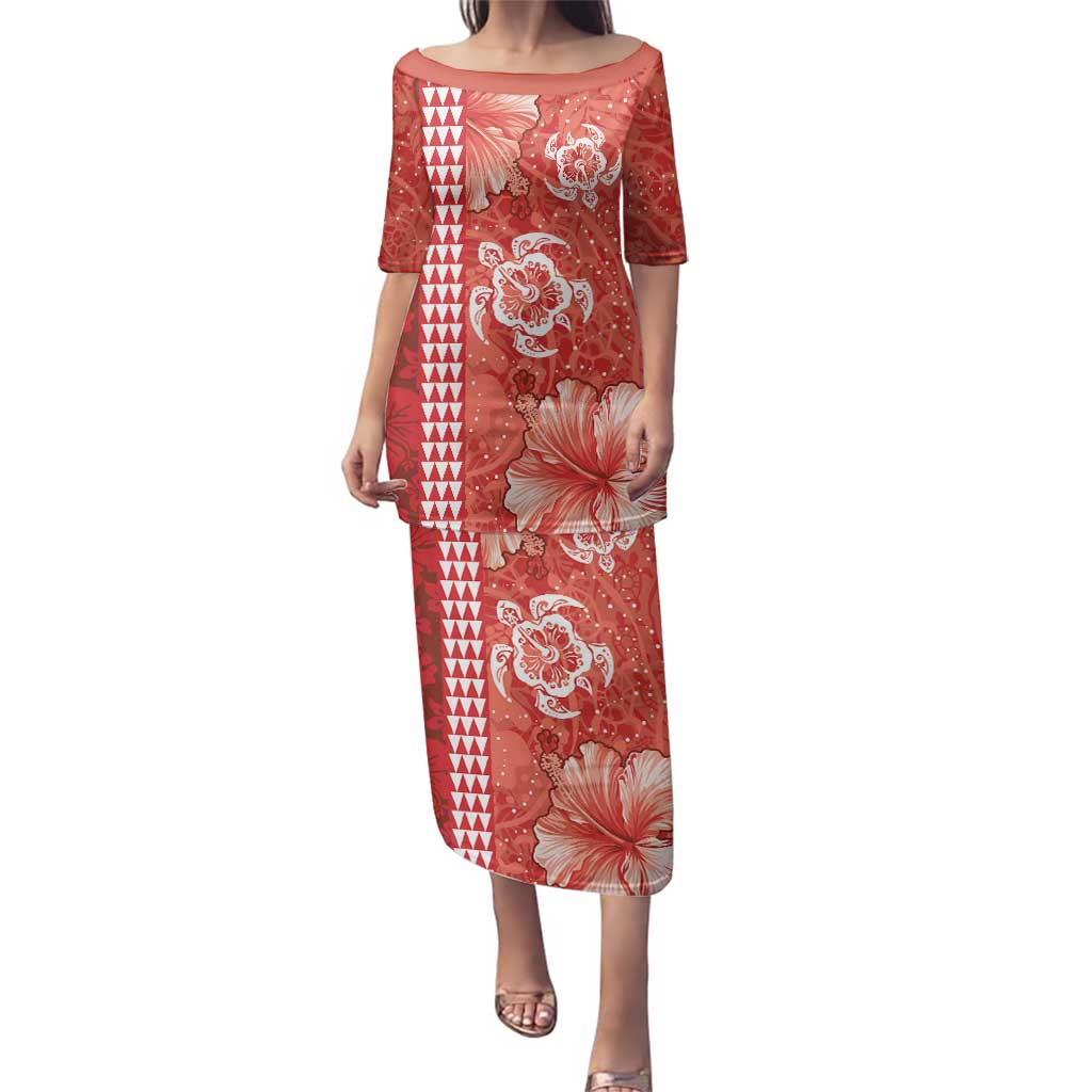 Red Hibiscus Turle Family Matching Puletasi and Hawaiian Shirt Hawaiian Style Tribal Tapa Pattern