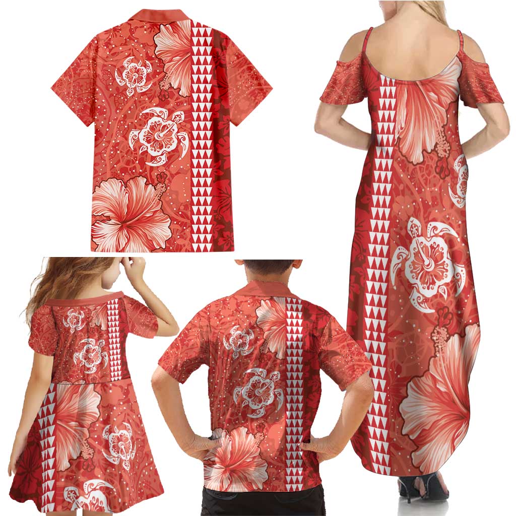Red Hibiscus Turle Family Matching Summer Maxi Dress and Hawaiian Shirt Hawaiian Style Tribal Tapa Pattern