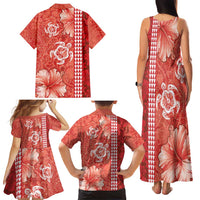 Red Hibiscus Turle Family Matching Tank Maxi Dress and Hawaiian Shirt Hawaiian Style Tribal Tapa Pattern