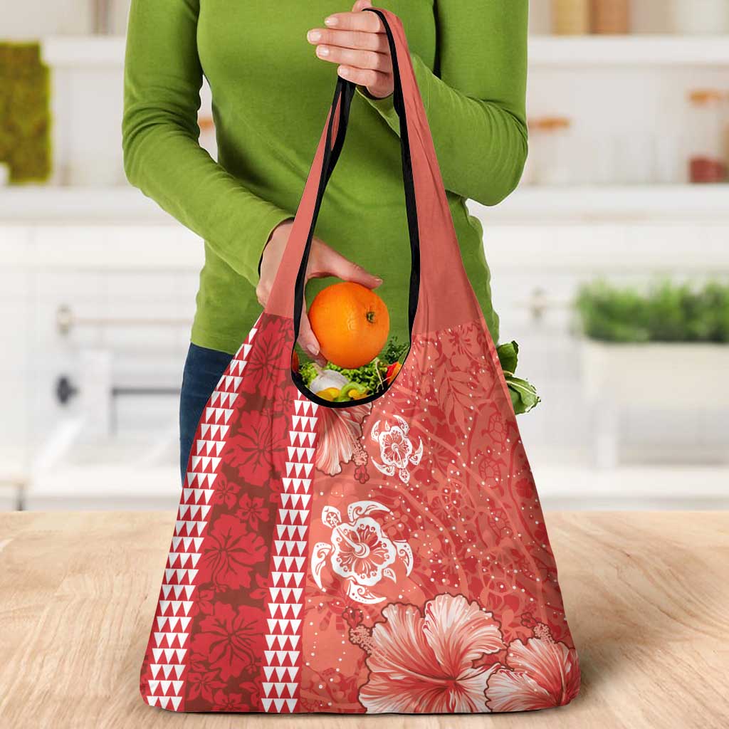Red Hibiscus Turle Grocery Bag Hawaiian Style Tribal Tapa Pattern