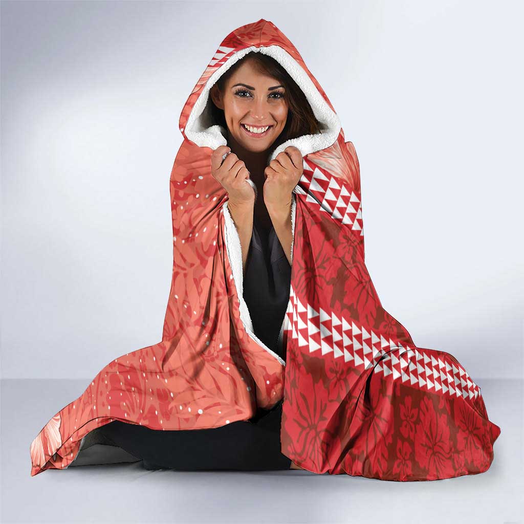 Red Hibiscus Turle Hooded Blanket Hawaiian Style Tribal Tapa Pattern
